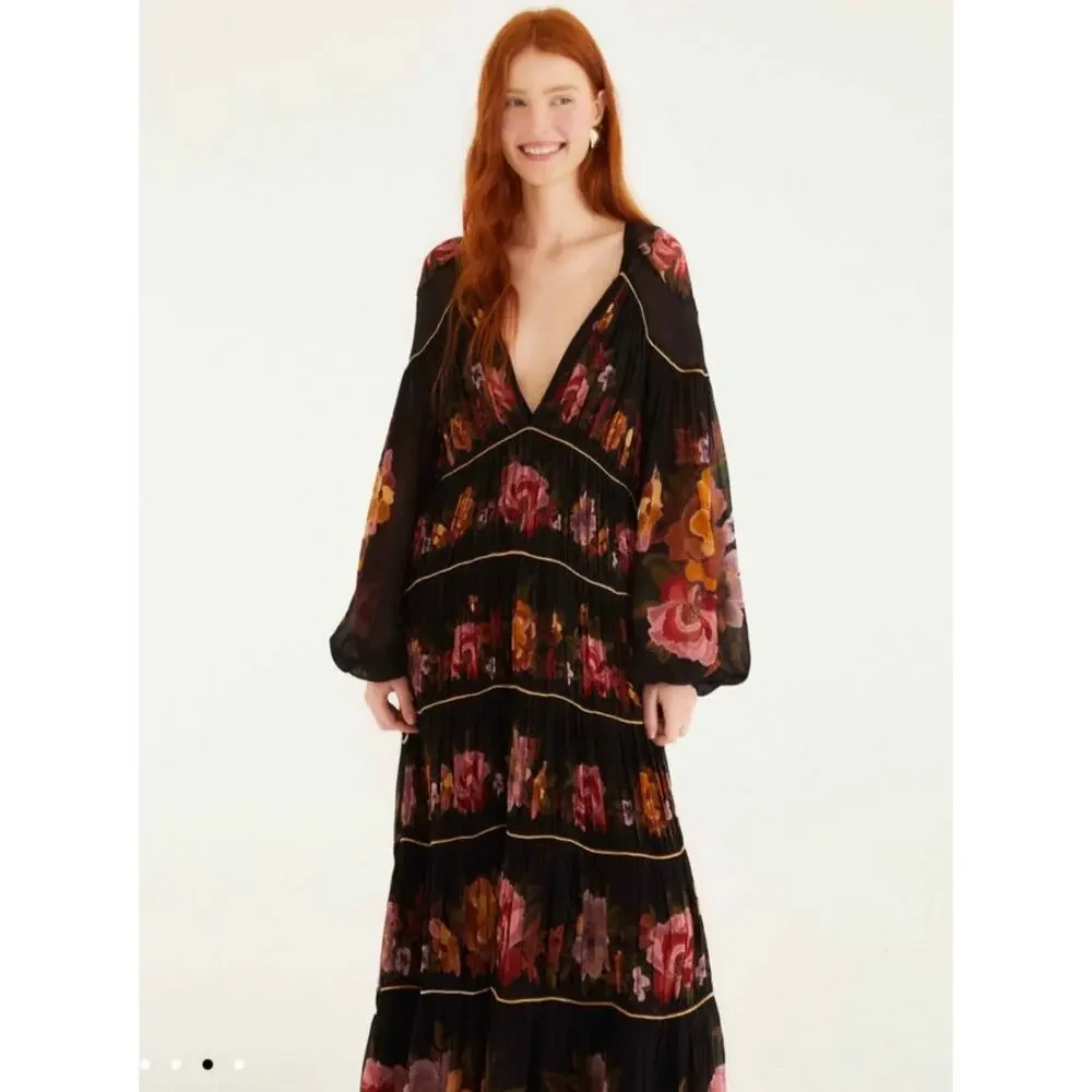 NWOT: FARM Rio Black Chenille Flowers Long Sleeve Midi Dress Size S - Picture 2 of 8